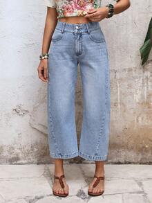 EMERY ROSE Women's Loose Fit Pocket Flare Cropped Jeans - Blue - View 8