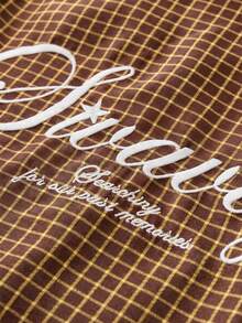 SWAVVY Men's Letter Embroidery Plaid Print 2 In 1 Shirt - Brown - View 6