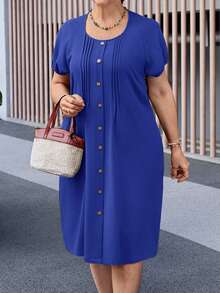 Plus Size Casual Solid Color Button Front Dress, Summer - Royal Blue - View 7