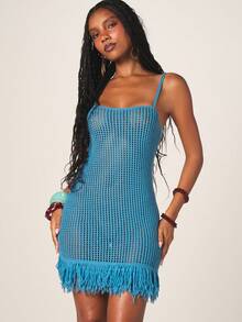 MISSGUIDED Women's Turquoise Crochet Knit Mini Dress With Fringe Hem Detail Spaghetti Strap Beach Summer Vacation Casual - Blue - View 6