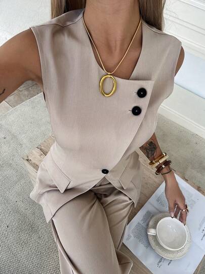 DAZY Women's Casual Solid Color Faux Pocket Oblique Lapel Round Neck Vest And Wide Leg Pants Suit, Summer