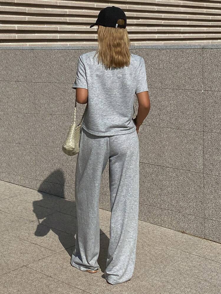 Women's Casual Solid Color Short Sleeve T-Shirt And Pants 2 Pieces Set, Summer