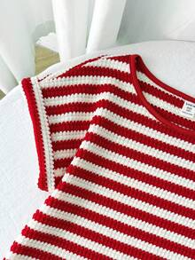 SHEIN Conjunto de 2 piezas de camiseta de rayas rojas y blancas con textura de rayas y pantalones de cintura elástica, adecuado para ocio, hogar, vacaciones y playa en verano - Blanco y Negro - Ver 4