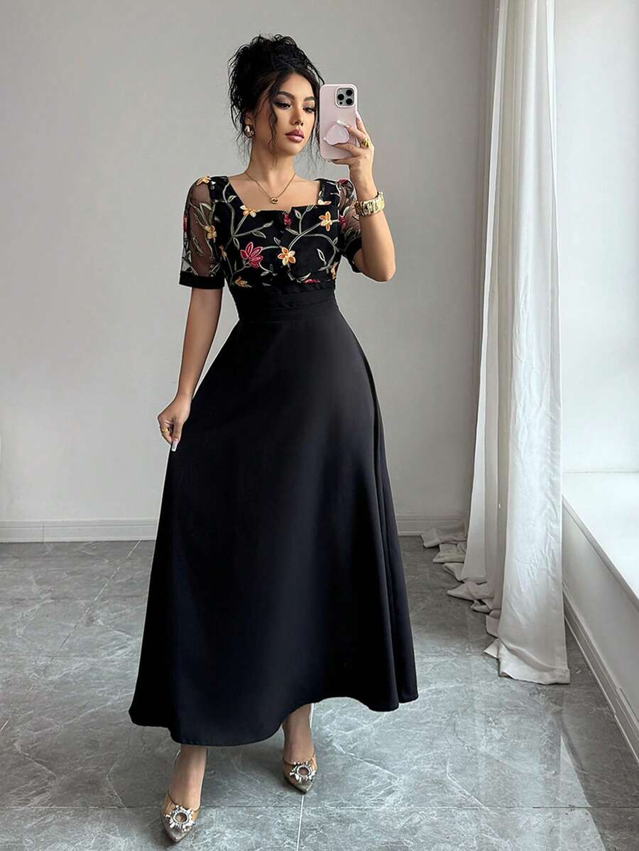 Elenzga 不对称设计方领刺绣腰部中长连衣裙 - 黑色 - 查看 1