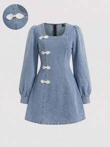 SHEIN Đầm ngắn cổ vuông bằng vải denim xanh cho bé gái - Rửa nhẹ - Xem 3