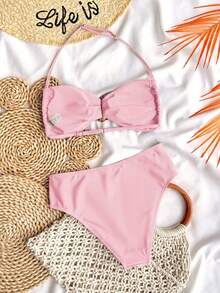 SHEIN Bộ bikini màu trơn không dây đeo vai, thắt nơ, đính trang sức kim loại cho bé gái tuổi teen, thích hợp cho mùa hè, bộ đồ bơi/trang phục đi biển/đồ bơi hai mảnh/đồ bơi cho thiếu nữ, bộ bikini màu hồng có nơ, bikini màu hồng nhạt, bộ bikini màu hồng, đồ bơi hai mảnh màu hồng, đồ bơi cổ yếm màu hồng. - Hồng - Xem 2