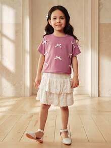 SHEIN Girls Loose Batwing Sleeve T-Shirt With 3D Ribbon Bow,White Double-Layer Cake Skirt Set,Korean Style Summer Family Matching Daily Wear Pink Outfits - Purple - View 5