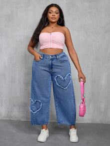 Slaydiva Quần jean denim rách họa tiết trái tim, dáng rộng, cỡ lớn, kiểu dáng thường ngày. - Màu xanh lam - Xem 6
