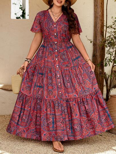 Cravure Plus Size Women Vacation Casual Bohemian V-Neck Ruffle Sleeve Music Festival Dress