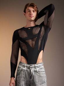FeverCity Mono ajustado de manga larga y malla negra sexy para hombre - Negro - Ver 7