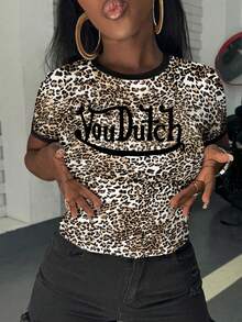 Rovax Women's Letter & Leopard Print Round Neck Short Sleeve Cropped Fashionable T-Shirt - Multicolor - View 3