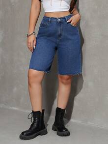 SHEIN Tall 女士夏季休闲斜插口袋毛边牛仔短裤 - 中等水洗藍 - 查看 7