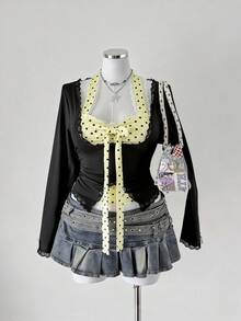 Sunspun 女士撞色蝴蝶结蕾丝饰边领口拼接长袖T恤，时尚设计 - 彩色 - 查看 6