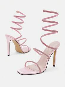 Glitzique 欧美时尚性感超高跟女士凉鞋，水晶钻蛇形装饰，正式派对银色方头细高跟鞋，粉色 - 粉色 - 查看 12