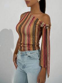 Firerie 女士优雅浪漫时尚通勤性感优雅针织纹理吊带修身杏色T恤，适合派对、度假、浪漫约会和婚礼生日等场合。 - 棕色 - 查看 4