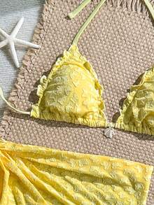 Swim Mod 泳装三件套，纯色花卉纹理面料，珍珠贝壳装饰，荷叶边饰挂脖文胸上衣，侧系带泳裤和迷你裙，性感比基尼泳装套装，春夏款 - 鵝黃色 - 查看 6