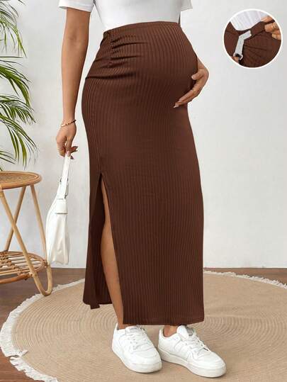 SHEIN Maternity Solid Color Slit Design Adjustable Waist Casual Versatile Daily Wear Skirt