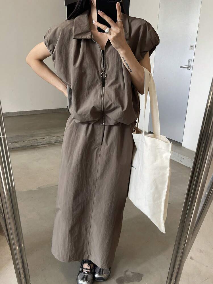 Women's Solid Color Zip-Up Jacket And Skirt Casual 2 Pieces Set