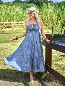 Breezaya 女士西部风格前系带旭日图案吊带牛仔中长连衣裙 - 藍色 - 查看 1