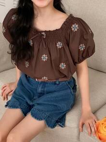 DAZY Blusa de niña con cuello de volantes, mangas de pétalos y bordados, camisa holgada y versátil con estilo francés para el otoño - Marrón - Ver 6