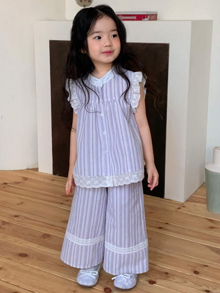 DAZY 女童条纹韩版荷叶边无袖上衣和宽松裤子两件套 - 薄荷綠 - 查看 1
