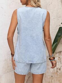 EMERY ROSE Women's Casual Denim Vest And Shorts Set - Blue - View 2