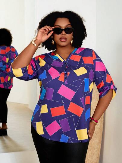 EMERY ROSE Plus Size Women's Fashionable Color Block Button Decor Shirt, Summer