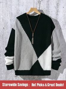 Teen/Teen Boy's New Arrival Autumn/Winter Knitted Sweater. This Colorblock Crew Neck Sweater For Boys Showcases Unique Knitting Techniques And Refined Color Contrast Design, Delivering A Fashionable Look. The Intricate Knitwear Construction Creates A Distinctive Texture And Layers, Adding A Stylish Touch. The Geometric Pattern Design Is Both Practical And Decorative, Enhancing The Overall Sophistication. Made Of High-Quality Fabric, The Sweater Is Soft And Warm, Suitable For The Autumn/Winter Season, Offering Comfort And Warmth. This Sweater Not Only Focuses On Detailed Design And Craftsmanship, But Also Exudes A Unique Fashionable Appeal. - Black - View 1