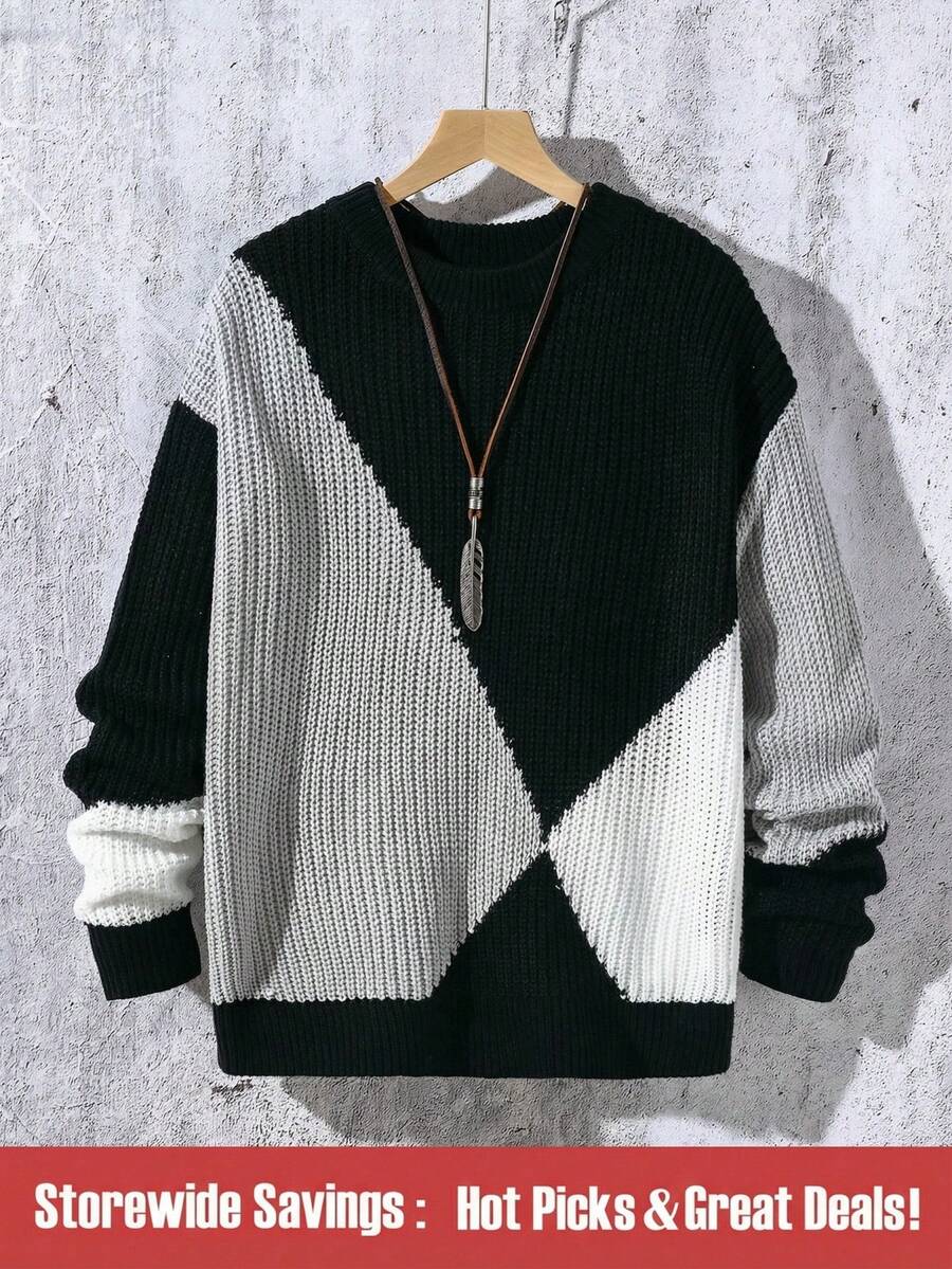 Teen/Teen Boy's New Arrival Autumn/Winter Knitted Sweater. This Colorblock Crew Neck Sweater For Boys Showcases Unique Knitting Techniques And Refined Color Contrast Design, Delivering A Fashionable Look. The Intricate Knitwear Construction Creates A Distinctive Texture And Layers, Adding A Stylish Touch. The Geometric Pattern Design Is Both Practical And Decorative, Enhancing The Overall Sophistication. Made Of High-Quality Fabric, The Sweater Is Soft And Warm, Suitable For The Autumn/Winter Season, Offering Comfort And Warmth. This Sweater Not Only Focuses On Detailed Design And Craftsmanship, But Also Exudes A Unique Fashionable Appeal. - Black - View 1