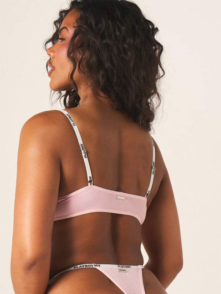 Missguided x Playboy Branded Pink Bralette And Thong Set With Logo Tape Details Intimate Loungewear Collection