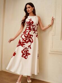 ZEYLAH Elegant Waist Cinched Floral Print Flare Dress, Spring/Summer - Apricot - View 6