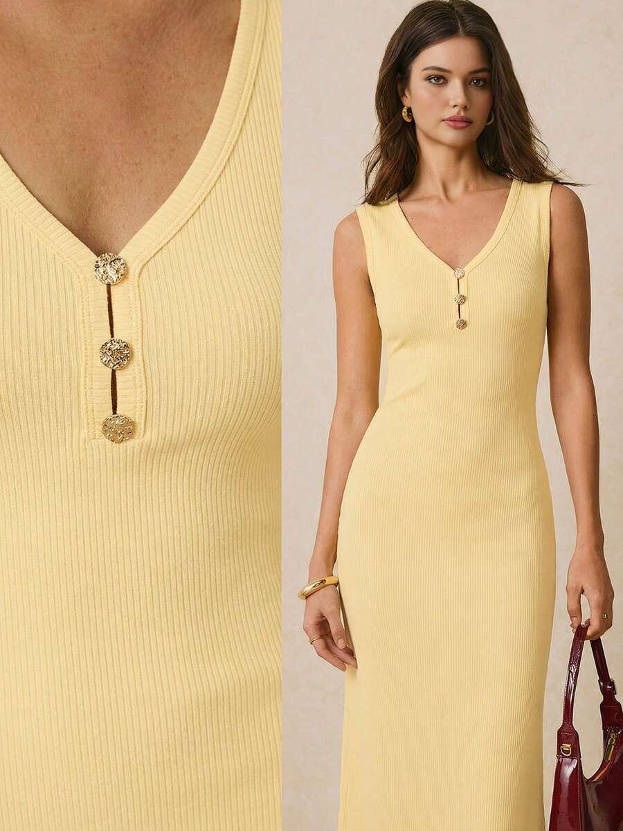 Poéselle Sleeveless Solid Color Slim Fit Dress, Summer - Yellow - View 1