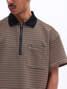SUMWON 男士短袖条纹 Polo 衫，带拉链领和胸袋，常规版型，休闲夏季上衣 - 摩卡棕 - 查看 5