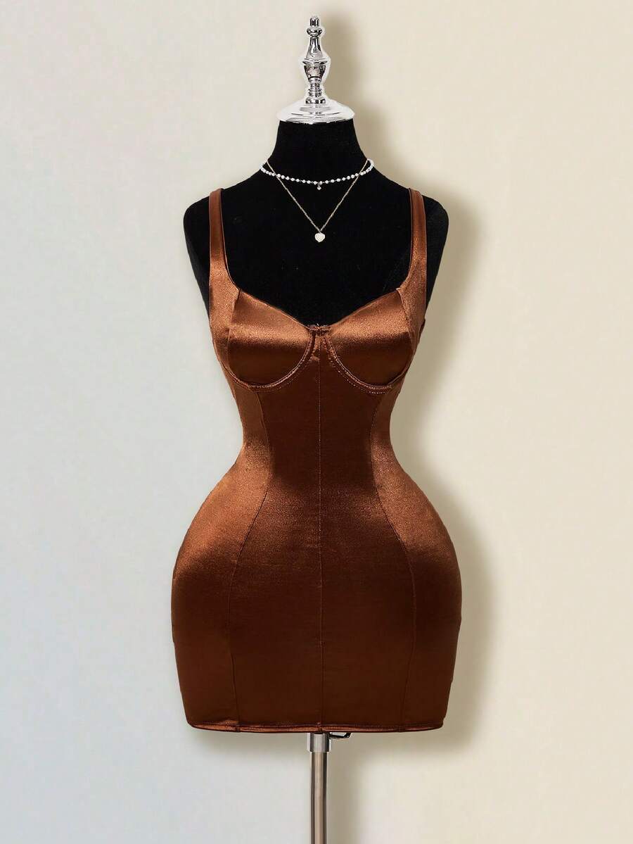SHEIN ICON Women's Coachella Concert Satin Cny Sexy Party Club Sexy Casual Street Chic Solid Color Bustier Bodycon Mini Camisole Dress,Spring To Summer - Brown - View 1