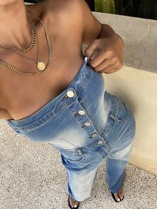 DAZY Bộ áo liền quần denim nữ dáng suông, thích hợp cho mùa xuân và mùa hè. - Rửa trung bình - Xem 3