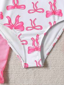 SHEIN Tween Girl 2pcs Knitted Swimwear Set, Cute Bow Print, Shoulder Strap Design, Ruffle Hem, Suitable For Swimming, Vacation, Beach Wear, Children Swimwear Set, Summer Holiday, Pink Bodysuit Swimwear - Pink - View 5