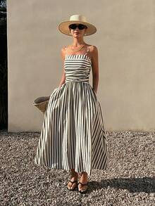 DAZY 女士度假风条纹褶裥吊带中长连衣裙，春夏款 - 黑色 - 查看 4