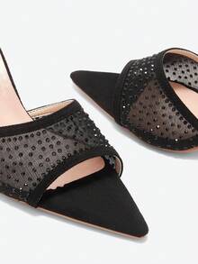 Eladyva Sandalias de tacón alto con decoración de cristales para mujer, puntera afilada, atractivas para fiesta/boda, verano, tacones transparentes de malla con cristales negros - Negro - Ver 4