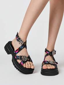 Sugerpunk Dép xăng đan nữ màu đen kiểu La Mã, dép xăng đan dự tiệc phong cách punk rock dây xích tối màu, dép xăng đan hở mũi đính đinh tán kiểu gothic đế xuồng cao gót, giày dép đi nghỉ mát. - Màu hoa nơ bướm - Xem 2