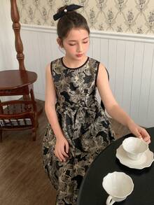 Dazy Kids Tween Girl Round Neck Jacquard Pleated Party Dress - Black - View 8