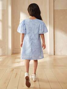 SHEIN 女童泡泡袖隐形拉链装饰休闲时尚圆领A字连衣裙 - 藍色 - 查看 2