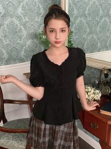 DAZY Tween Girl Solid Color V-Neck Lace Casual Versatile Daily Wear Petal Sleeve Blouse - Black - View 7