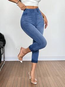 SHEIN Tall Quần thể thao nữ mùa hè, chất liệu co giãn thoải mái, cạp chun, dáng ôm, dài đến mắt cá chân, màu xanh dương, đa năng. - Rửa trung bình - Xem 6