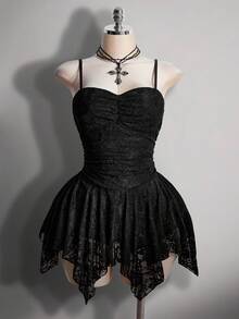 SHEIN ICON 大码女士蕾丝荷叶边优雅修身鸡尾酒会礼服 - 黑色 - 查看 3