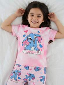 SHEIN 2件套少女针织圆领可爱动物图案休闲T恤和裤子家居服套装 - 淺粉色 - 查看 3