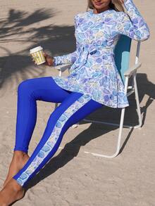 Swim Mulvari 女士两件套布基尼套装，贝壳扎染印花蓝色拼接裤，正面打结设计，度假沙滩布基尼套装 - 藍色 - 查看 5