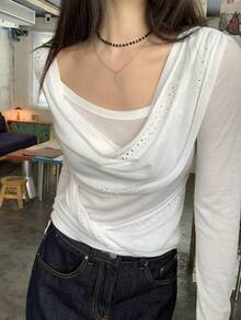 DAZY Women's Casual Rhinestone Embellished Sheer Long Sleeve T-Shirt, Suitable For Spring, Summer And Autumn, Daily Commute - Apricot - View 6