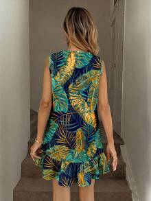 Easowa Women's Elegant Mini Dress With Tropical Palm Leaf Print, Suitable For Spring/Summer, Beach, Outings, Weddings, Birthdays, Carnivals, Parties, Chic - Multicolor - View 3