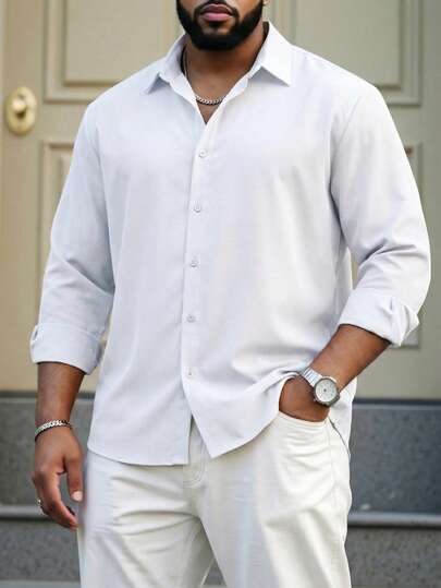 ResortEase 男士加大码春夏纯色长袖日常通勤休闲基本款纯色工作正装衬衫，适合秋季