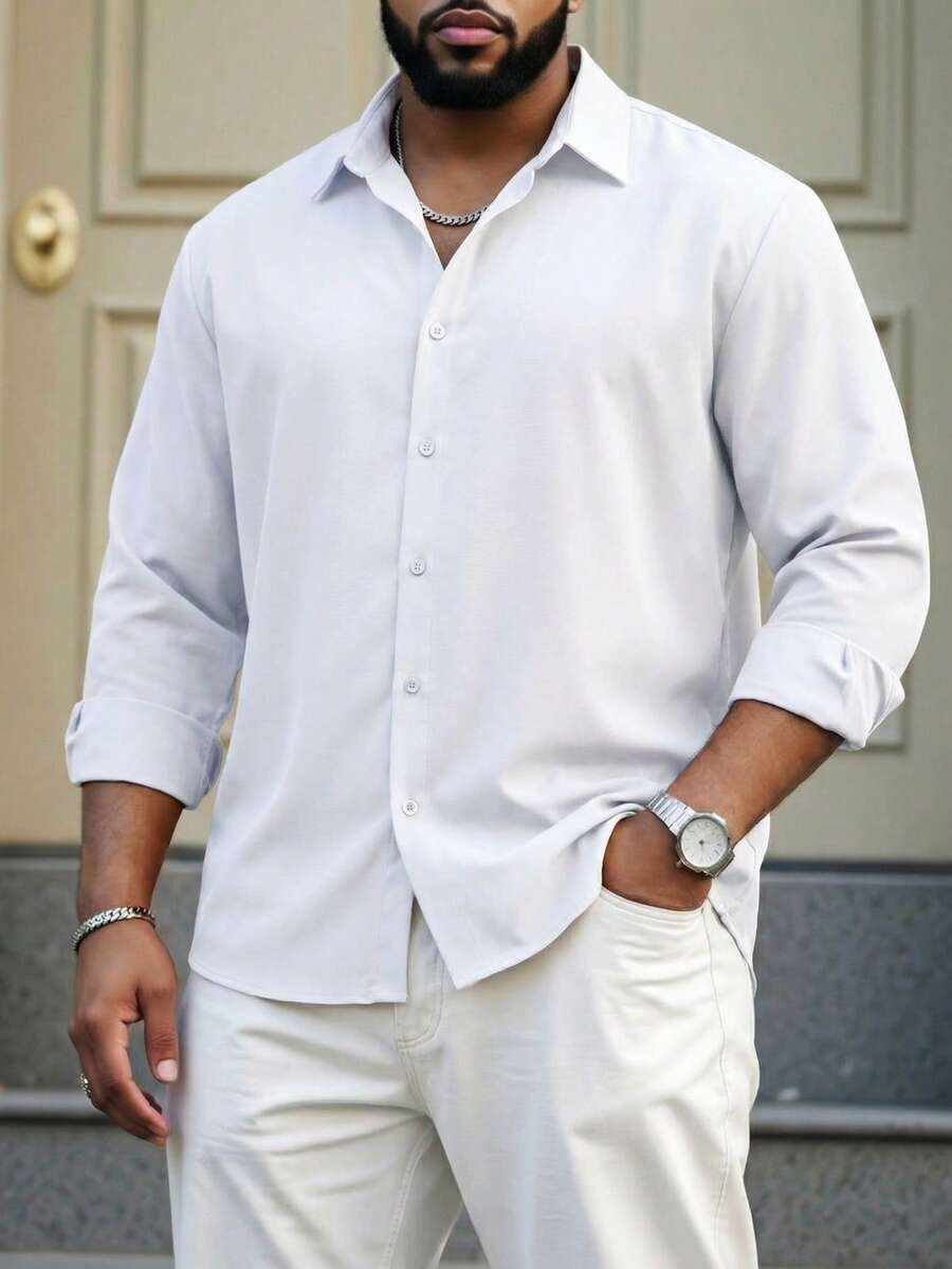 DRIVNCORE Men's Plus Size Spring/Summer Solid Color Long Sleeve Daily Commute Casual Basic Plain Work Dress Shirt, For Fall - White - View 1